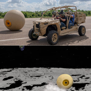 Off-road vehicle driving in a desert with a large spherical object nearby; second image shows the sphere on the ground