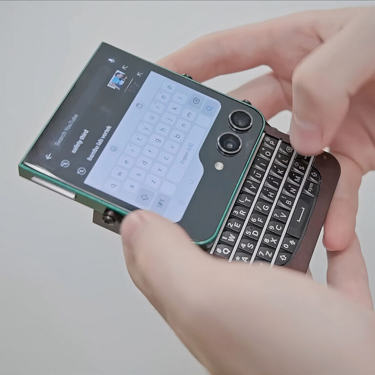 Close-up of hands holding a small device with a physical keyboard, typing