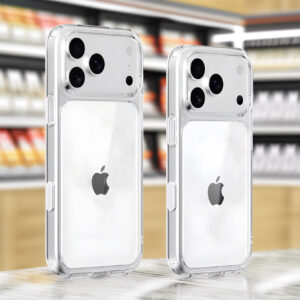 Three white smartphones with triple cameras displayed in a store setup