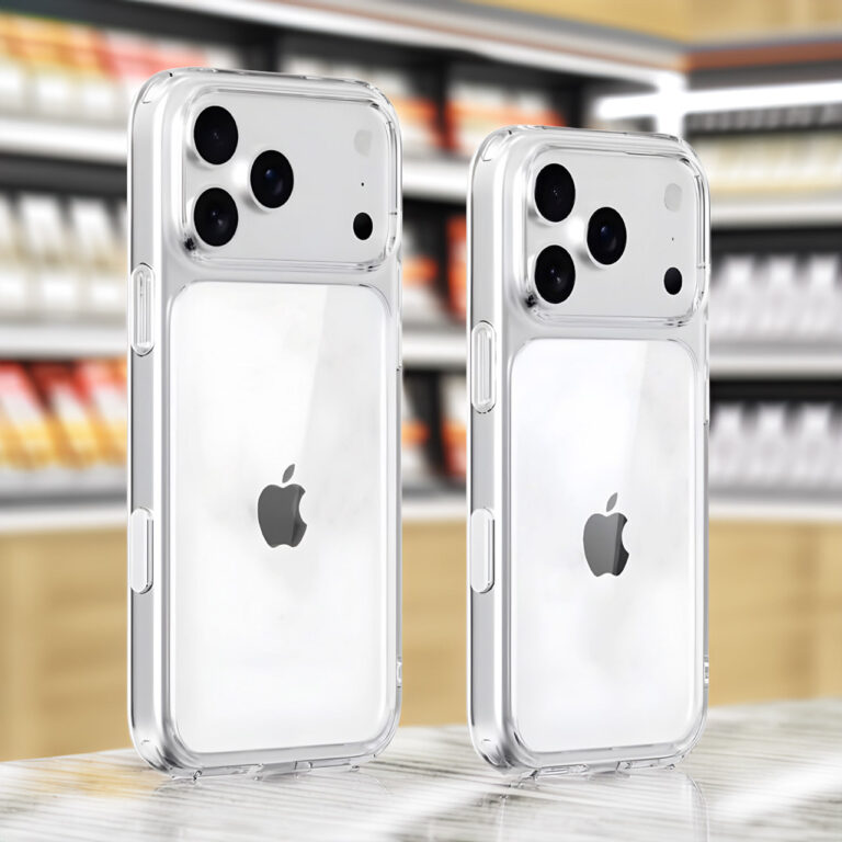 Three white smartphones with triple cameras displayed in a store setup