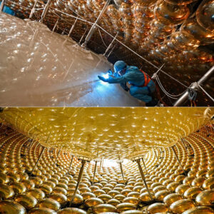 Worker in protective gear spraying a golden liquid on a spherical structure