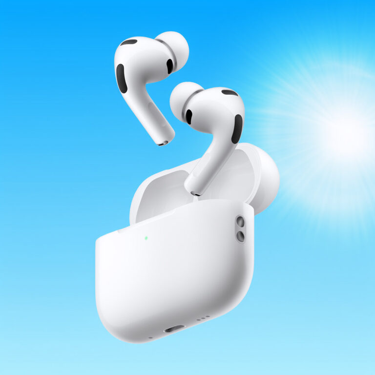 Apple AirPods Pro 3 floating against a blue background