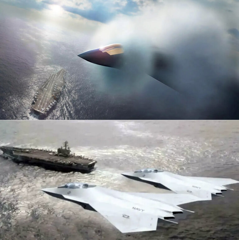 Fighter jets flying over a naval vessel at sea