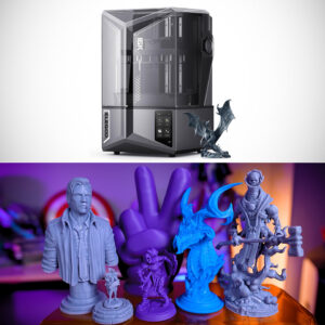 Elegoo Saturn 3 16K resin 3D printer on a table with dimensions displayed beside a snowy outdoor window view