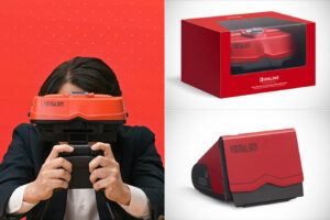 Retro Virtual Boy VR headset with packaging.