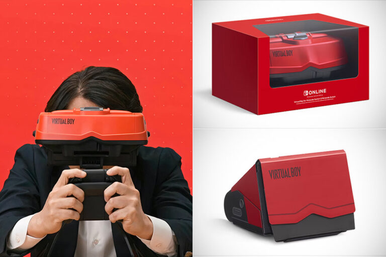 Retro Virtual Boy VR headset with packaging.